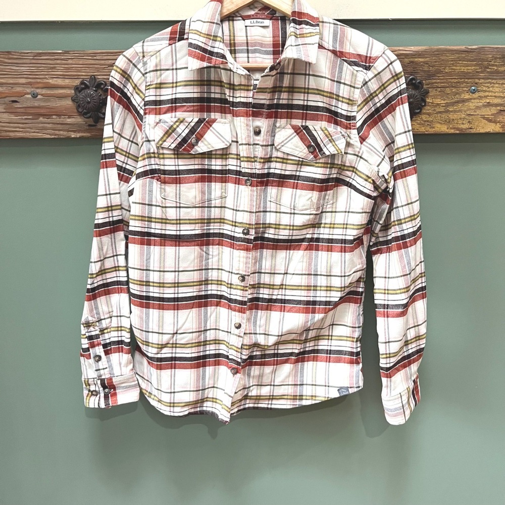 LL Bean Womens Small Plaid Button Down Shirt Performance Sorona 296749 Red Pink